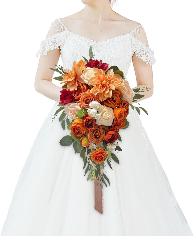 Burnt Orange Artificial Bridal Bouquet – 15″ Cascading Terracotta Flowers