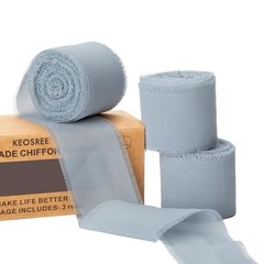 3 Rolls Handmade Chiffon Ribbon,1.5″ x 21Yd Frayed Fringe Silk Dusty Blue