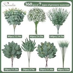 Pcs 7 Kinds Mixed Artificial Eucalyptus Greenery Stems Bulk, Baby Breath 360