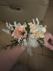 Wrist Corsage with Salmon and Peach, Pink Hues w/a Bow.Prom, Formal,Mothers Day.