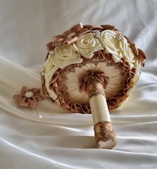 Bridal Bouquets Cream, Tan Satin Ribbon Roses, Crystal Brooches, Buttonhole…