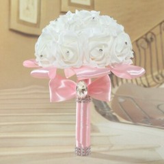 Bride Bouquet Artificial Flowers Wedding Bridal Holding White Ribbon Rhinestones