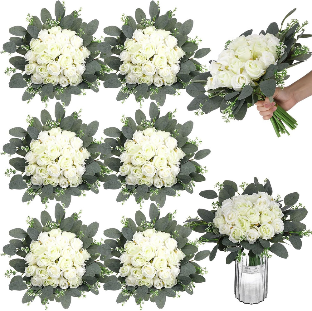 12 Bunches Silk Rose Bouquets for Weddings & Parties – White Green