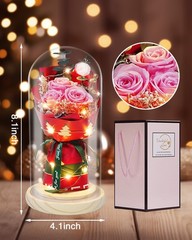 HVY Preserved Flowers in Glass for Her,Pink Real Rose Bouquet with Pink