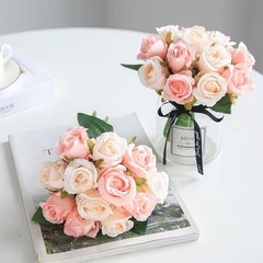 Artificial Roses Flowers 12 Heads Arrangement Silk Bouquet Pink With Champagne