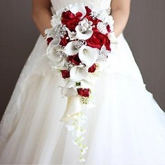 Handmade Red Calla Lily Bouquet, Realistic Roses & Pearls, Luxury Wedding Decor