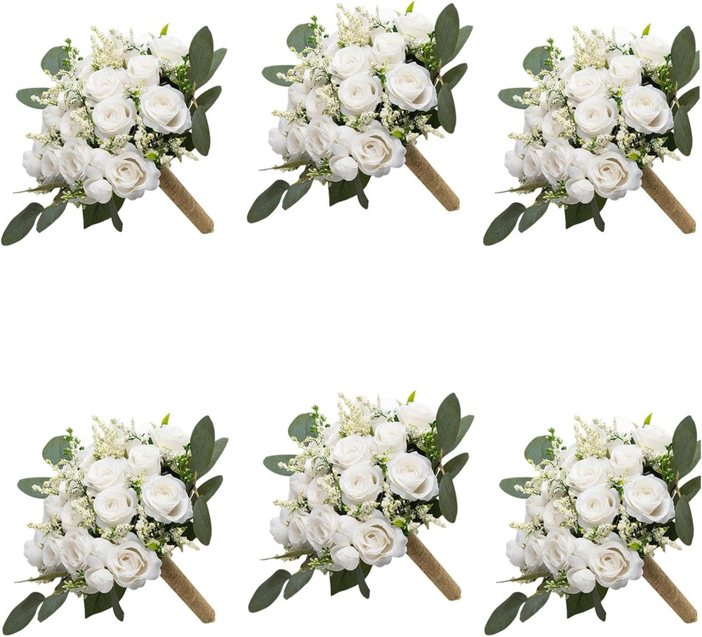 Ivory Bridesmaid Bouquet Set of 6, White Wedding Bouquets for Bridesmaids, 8.5 I
