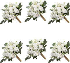 Ivory Bridesmaid Bouquet Set of 6, White Wedding Bouquets for Bridesmaids, 8.5 I