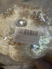 Hmplimue Handmade Ivory Silk Rose Bridal Bouquet 7.5” w/Rhinestones