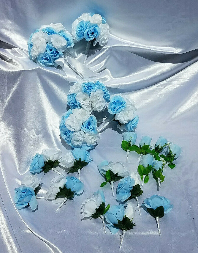 20 Pc Wedding Bouquet Set, Light Blue Roses, White Roses, Bridal Bouquet Package