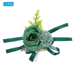 2Pcs Artificial Corsage Wristlet Flower Wrist Prom Corsage Dark Green