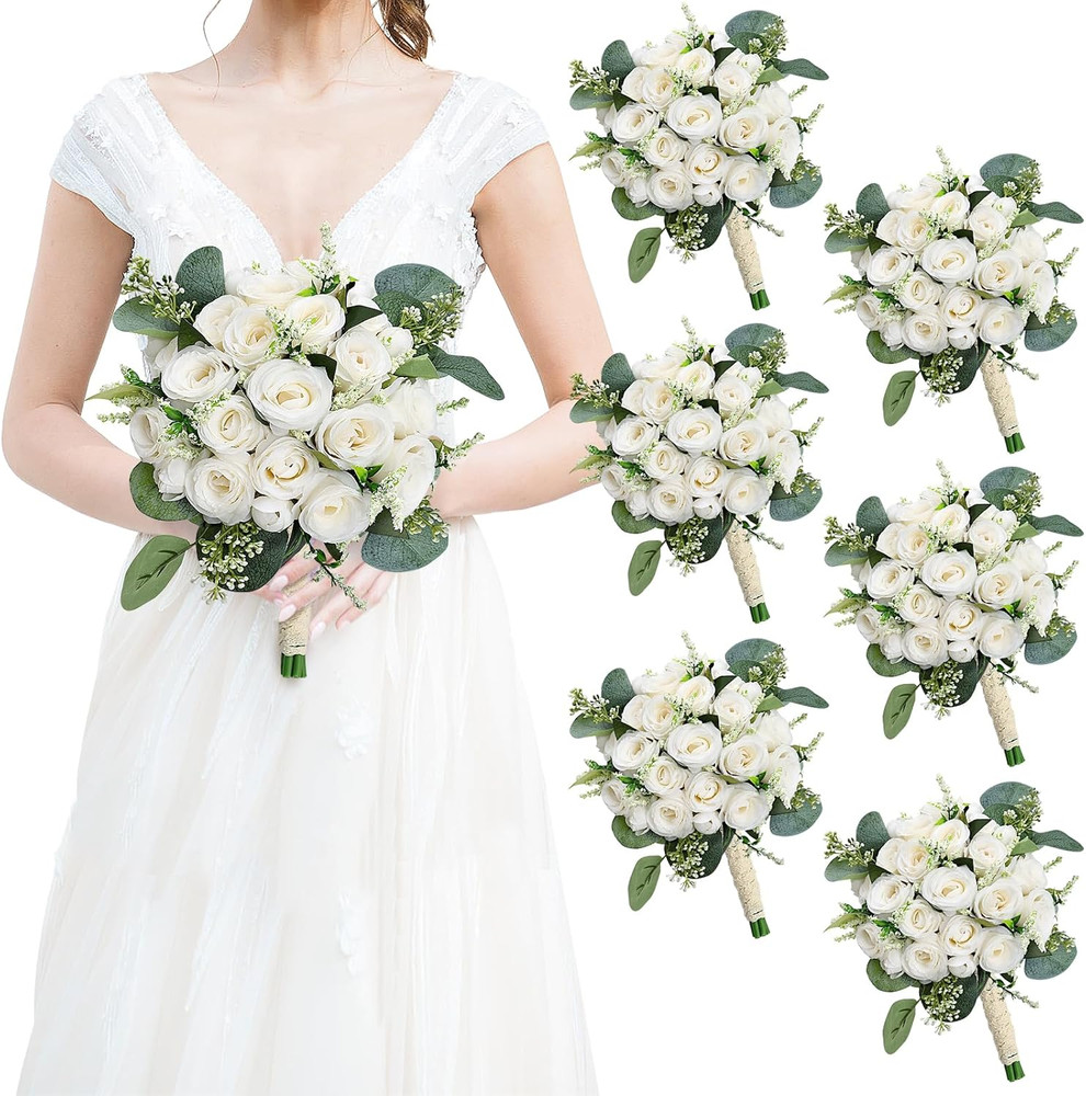 Set of 6 Ivory White Artificial Rose Eucalyptus Bouquets for Weddings