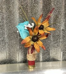 Shotgun Shell Boutonnière w/ Flower Mix, Wrapped in Burlap String Wedding