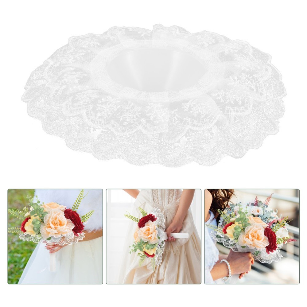 2Pcs Durable White Lace Bouquet Collars Bridal Flower Handles for Wedding DIY