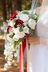 12″ Burgundy & White Cascading Bridal Bouquet – Silk Wedding Flowers for Bride