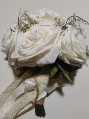 Bouquet White Roses Bride Boutonniere Lace Crochet Boho Cottage Beach Wedding