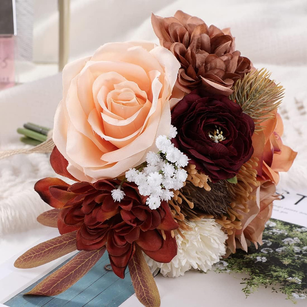 Wedding Bouquets for Bridesmaids Bride Burnt Orange Artificial Dahlia Handmade S