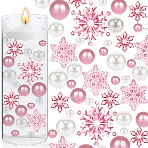 102 Pieces Christmas Vases Filler Decorations for Faux Pink Snowflakes Beads