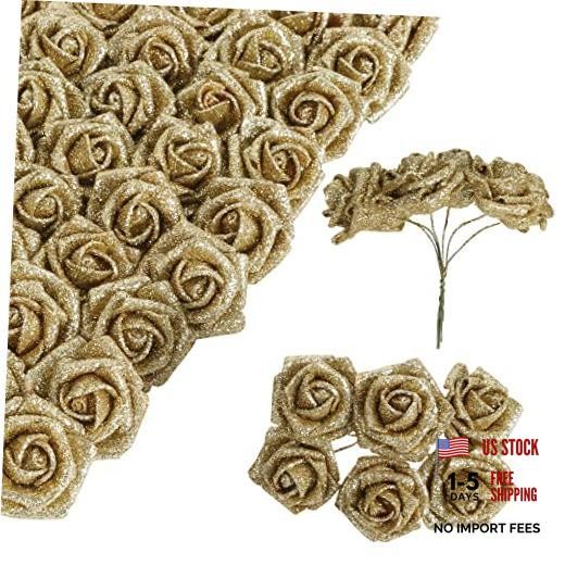 Roses Artificial Flowers,60pcs Mini Glitter Flowers 1.57in Fake Roses with Gold