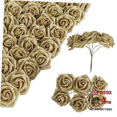 Roses Artificial Flowers,60pcs Mini Glitter Flowers 1.57in Fake Roses with Gold