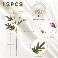 12Pcs Fake Kiku Flowers, Artificial Small Chrysanthemum Balls with Stems, Beige