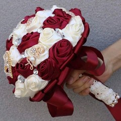 Dark Red Ivory Bridal Bouquet Big Rhinestones Silk Hold Bouquet Luxury Brooch