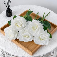 Artificial Flowers, 5Pcs Real Touch Roses, 4.3”Big Flower Head Faux Silk White