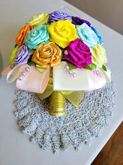 Handmade bouquet of artificial ribbon roses. Each flower is handmade.