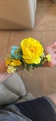 Prom Wrist Corsage & Bout Yellow Rose & Fillers, White Bow. Perfect For Prom.