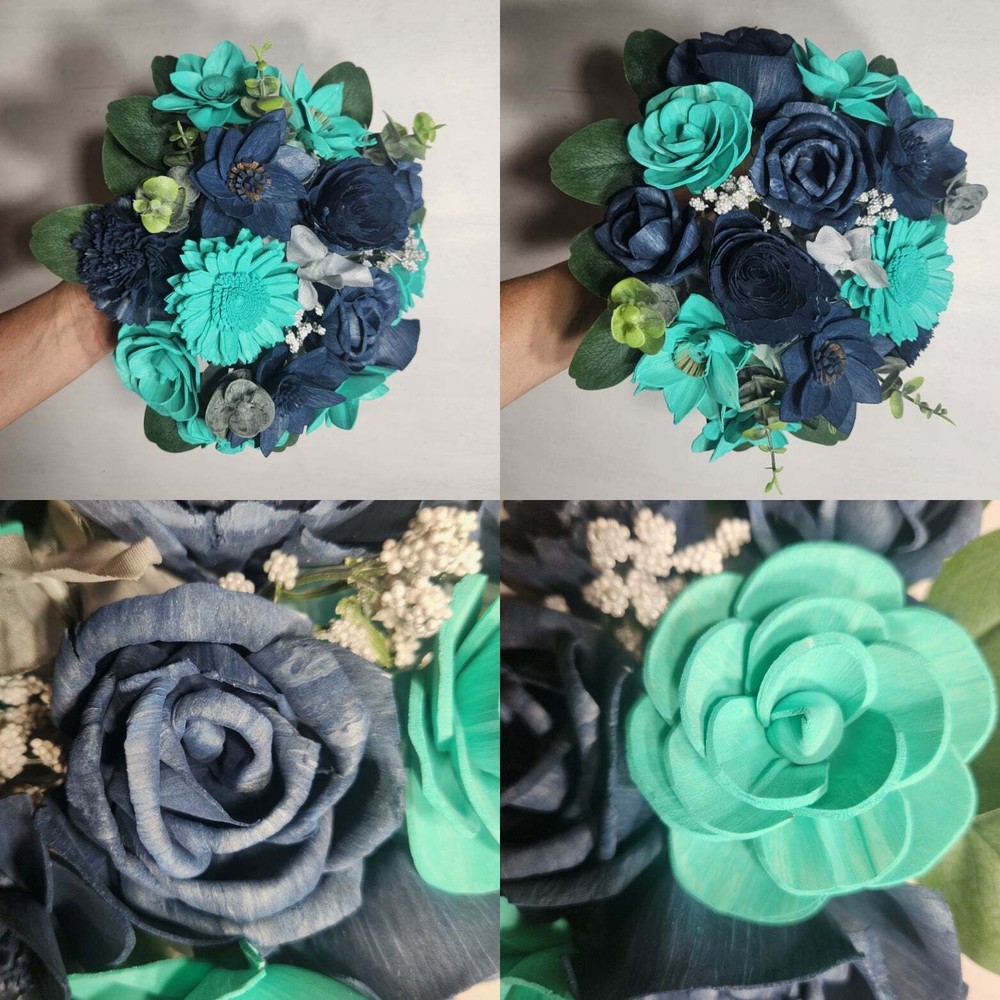 Aqua Navy Blue Rose Real Touch Bridal Wedding Bouquet Accessories