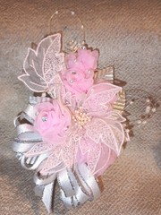 NEW 7″ Artificial Pink Rosettes Wrist Corsage & Matching Bout Pearls Rhinestones