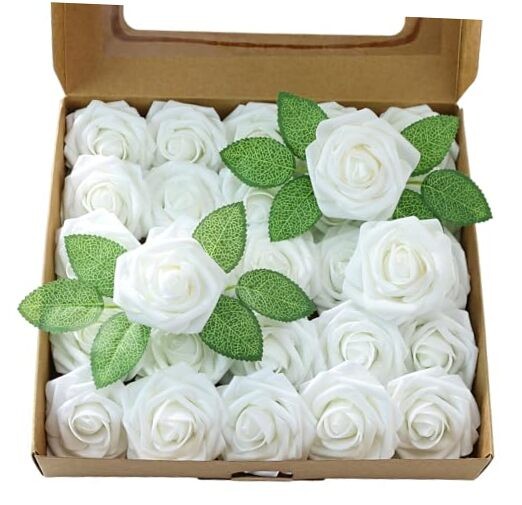Artificial Flower 50pcs Real Looking Rose Fake Foam Roses with 50Pcs White
