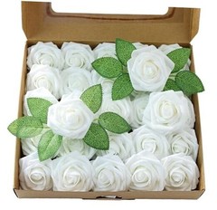 Artificial Flower 50pcs Real Looking Rose Fake Foam Roses with 50Pcs White