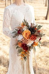12″ Burnt Orange Cascade Wedding Bouquet, Silk Bridal Flowers for Fall Weddings