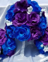 25 pc, Wedding Bouquet Package, Blue & Purple Roses, White Flower, White Ribbon