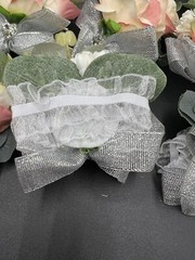 Floral Wrist Corsages – 6 – Roses/carnations with greenery, silver bow & bling