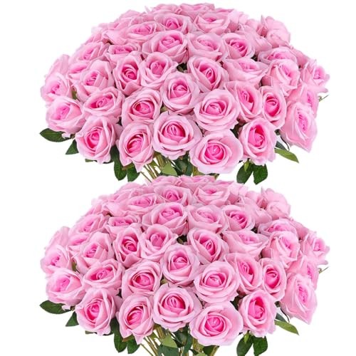Hananona 50 Artificial Roses in Bulk, Fake Silk Pink Roses Realistic Roses for