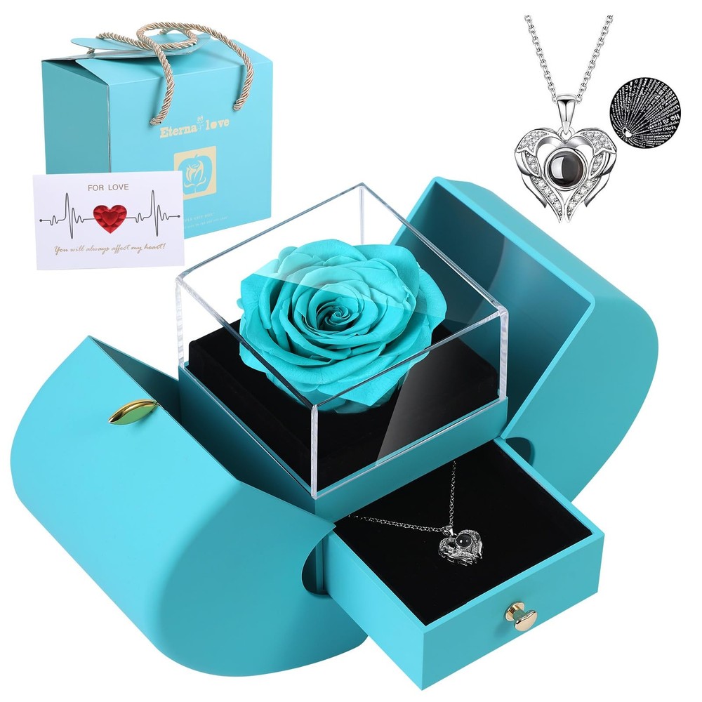 Preserved Rea Cyanl Rose with I Love You Necklace 100 Languages, middle, Cyan