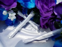 25 pc, Wedding Bouquet Package, Blue & Purple Roses, White Flower, White Ribbon