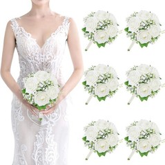 Elegant Ivory Silk Rose Flower Bouquets – 6 Bridesmaid Size, 7 Inch, Wedding
