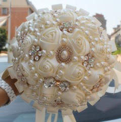 Handmade Luxury Rose Silk Pearls Rhinestone Brooch Wedding Bridal Bouquet Ivory