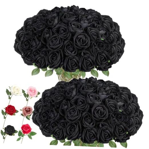 Artificial Roses Bulk Silk Rose with Stem, 52pcs Fake Flowers Decoration Black