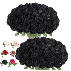 Artificial Roses Bulk Silk Rose with Stem, 52pcs Fake Flowers Decoration Black