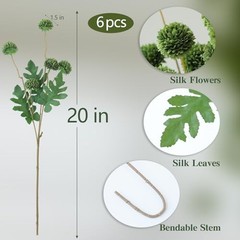 6Pcs Fake Silk Pompon Mum Artificial Flowers Bulk Small Faux Green