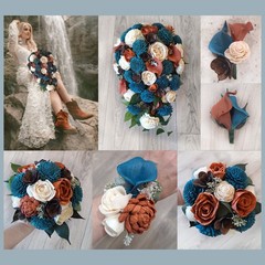 Teal Burnt Orange Bridal Cascade Bouquet Calla Lily Sola Wood Wedding Flowers