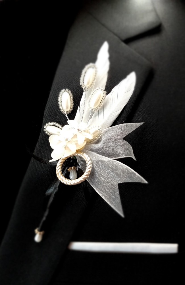Boutonniere for men Prom Wedding One-of-a-Kind New Ribbon Flowers Bling