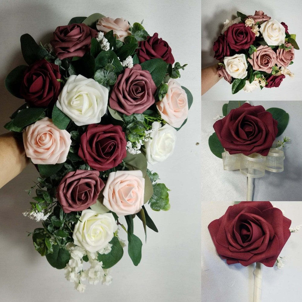 Burgundy Dusty Rose Eucalyptus Faux Foam Bridal Wedding Bouquet Accessories