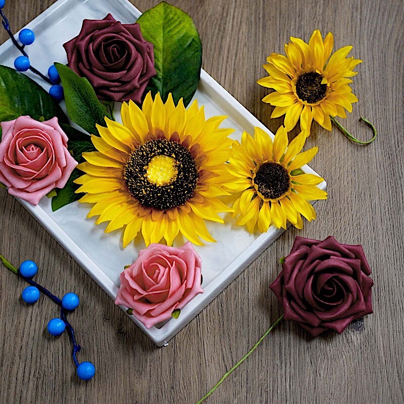 Yellow SILK Sunflowers Burgundy Foam Roses Faux FLOWER BOX Party Events Supplies