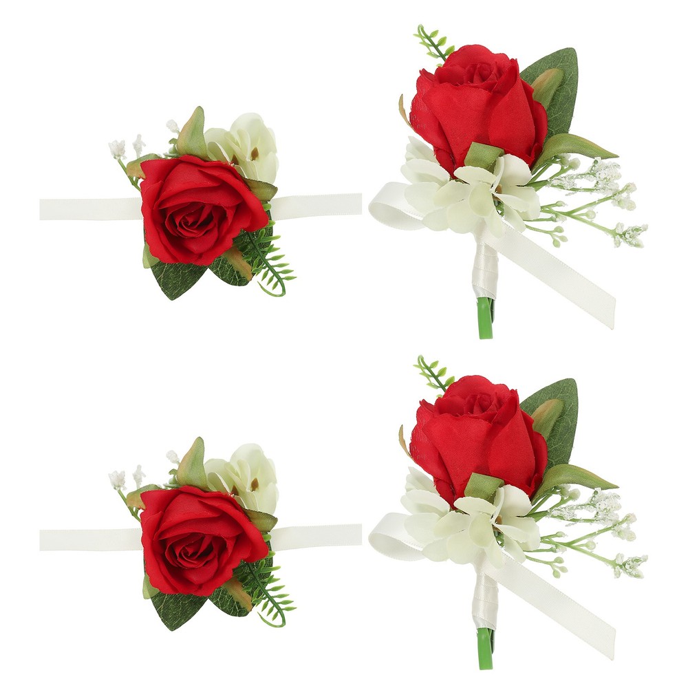 4 Pcs Artificial Rose Wrist Corsage and Boutonnieres Set Wedding Red