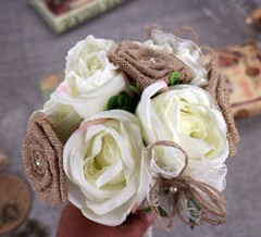 Handmade Burlap Wedding Bouquet Artificial Rose Pearl LaceBridesmaid Toss Bridal